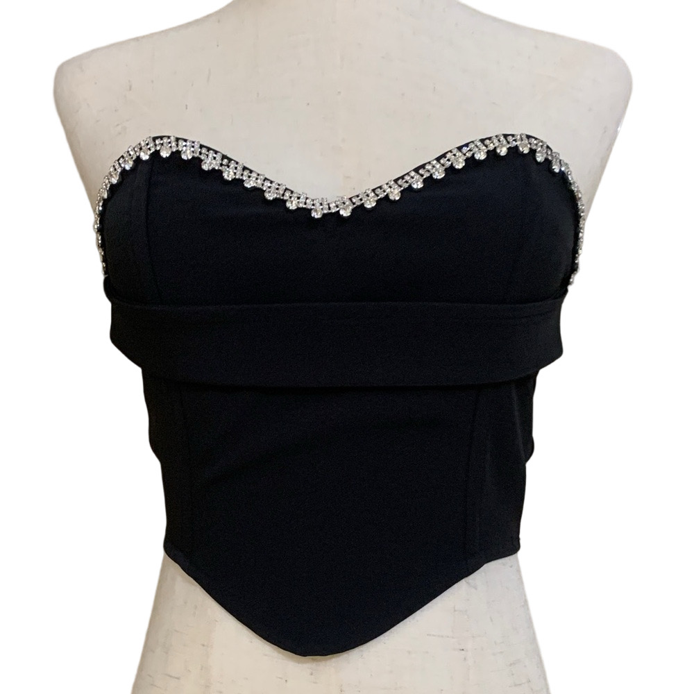 Missguided Women's Black Drape Diamante Trip Sleeveless Corset Top Princess US 4